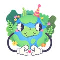 Colored vector illustration of the earth in groove style. With hands showing a heart