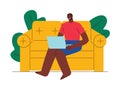 Colored vector illustration flat style. A man works from home. African American man on self-isolation.