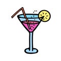 Colored vector illustration of a glass with a cocktail, bubbles and a slice of lemon, a straw. Royalty Free Stock Photo