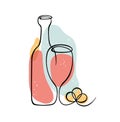 Colored vector illustration with wine bottle, wineglass and grapes in line art style. Hand drawn continuous line sketch isolated Royalty Free Stock Photo