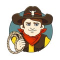 Colored vector illustration with young cowboy in hat and lasso in his hand. Royalty Free Stock Photo