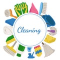 Colored Vector postcard with cleaning items with text. Logo or icon with sanitary objects Royalty Free Stock Photo