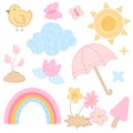 Colored vector set with icons on the theme of spring in pastel colors Royalty Free Stock Photo