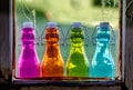 Colored Vintage Bottles on Window Sill Royalty Free Stock Photo