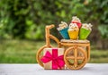 Colored waffle cones and gift box. Popcorn waffle cones and gift box. Festive concept. Royalty Free Stock Photo