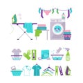 Colored Washing and Laundry Icons in Flat Style