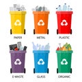 Colored waste bins with trash. Bin type isolated on white background. paper, organic, metal,plastic,e-waste and glass. Royalty Free Stock Photo