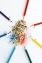 Colored watercolor pencils of rainbow colors and shavings from them after sharpening on a white background Royalty Free Stock Photo