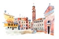 Colored watercolor sketch of old town in Europe drawn on white paper. View Santa Maria dei Frari steeple in Venic