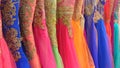 Colored wedding dresses with gold embroidery Royalty Free Stock Photo
