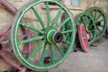 Colored cart wheels - Orthodox Monastery of the Transfiguration of God - Landmark attraction in Veliko Tarnovo, Bulgaria Royalty Free Stock Photo