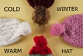 Colored winter warm hats on an isolated yellow background