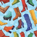 Colored women's boots ,shoes,snowflakes seamless Royalty Free Stock Photo