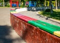Colored wooden bech in Children`s World Park, in Bucharest Romania