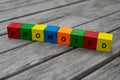 Colored wooden cubes with letters. the word promoted is displayed, abstract illustration