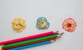 Colored wooden pencils and shavings lined with flowers, isolated on a white background. Old wooden pencils with garbage, shavings Royalty Free Stock Photo