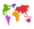 Colored world map on an isolated white background. Cartoon continents in flat design. Vector stock illustration