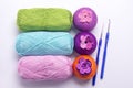 Colored yarn for knitting red, yellow, purple, brown, white, pink, turquoise Royalty Free Stock Photo