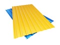 Colored yellow blue corrugated metal sheet on white background.