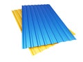 Colored yellow blue corrugated metal sheet on white background.