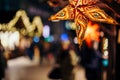 Coloreful stars illuminated on Xmas tree at Christmas Market in Hamburg, Germany