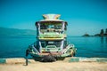 Colorfill public boat on lake Toba in Indonesia Royalty Free Stock Photo