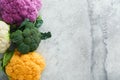 Colorfu cauliflower. Various sort of cauliflower on gray concrete background. Purple, yellow, white and green color cabbages. Broc Royalty Free Stock Photo