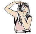 Photographer woman girl is holding dslr camera taking photographs. Hand drawn style vector design illustrations.