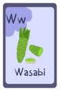Colorful abc education flash card, Letter W - wasabi, asian green root, hot spice.