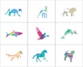 Colorful and abstract animal logos set. Lion, dog, horse, fish icons, bird and pet shop and care center illustration. Royalty Free Stock Photo