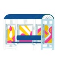 Colorful abstract art on subway train interior. Empty metro carriage seats with vibrant posters. Public transport and Royalty Free Stock Photo