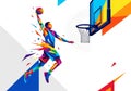 Colorful, abstract artwork of a basketball player performing a slam dunk Royalty Free Stock Photo