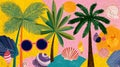 Colorful, abstract artwork featuring palm trees and assorted seashells against a vibrant background
