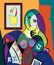 Colorful abstract background, cubism art style, portrait of woman sitting - 18-256