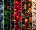 Colorful abstract background seasonal and winter stripes with sweets, gingerbread pieces, plants, balls and leaves. Royalty Free Stock Photo