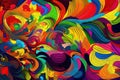 a colorful abstract background with swirls and shapes in red, yellow, blue, green, and orange colors on a black background with a Royalty Free Stock Photo