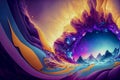 Yellow, purple and blue abstract background with wave shapes and mountains