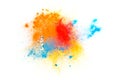 Colorful chemical abstract powder paint mixture and splatter on white background. Isolated multicolored artistic explosion