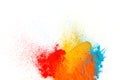 Colorful chemical abstract powder paint mixture and splatter on white background. Isolated multicolored artistic explosion