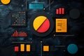 abstract colorful geometric shapes and charts arranged on dark textured background with modern data visualization elements Royalty Free Stock Photo