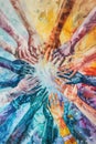 Colorful abstract composition with overlapping hands forming a star pattern, painted in vibrant blue, orange, and white tones Royalty Free Stock Photo