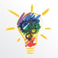 Colorful abstract concept of Creativity. Rainbow lamp bulb hand drawing and black gears and cogs on top.