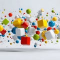 Colorful abstract cubes and spheres floating and exploding in a dynamic composition Royalty Free Stock Photo