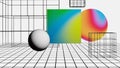 Colorful Abstract 3D Geometric Shapes on Grid Background with Sphere and Cube