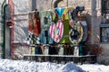 Colorful abstract decorated installation of the word "ARTS" in a snowy park