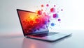 Colorful abstract design featuring geometric cubes, particles bursts from modern laptop screen. Dynamic visual represents digital Royalty Free Stock Photo