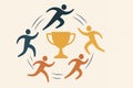 Colorful abstract figures running in a circle around a trophy, representing competition, agility, dynamic teamwork and motivation Royalty Free Stock Photo
