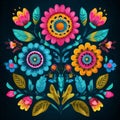 Vivid Abstract Floral Folk Art on a Solid Black Background Royalty Free Stock Photo