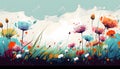 Colorful abstract flower meadow feild, a vivid abstract flower landscape with a panoramic background