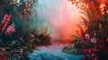 Colorful Abstract Garden with Waterfall in Post-Apocalyptic Style